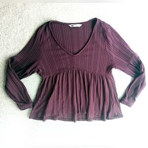 Brown Ribbed V-Neck Top Sz Xs